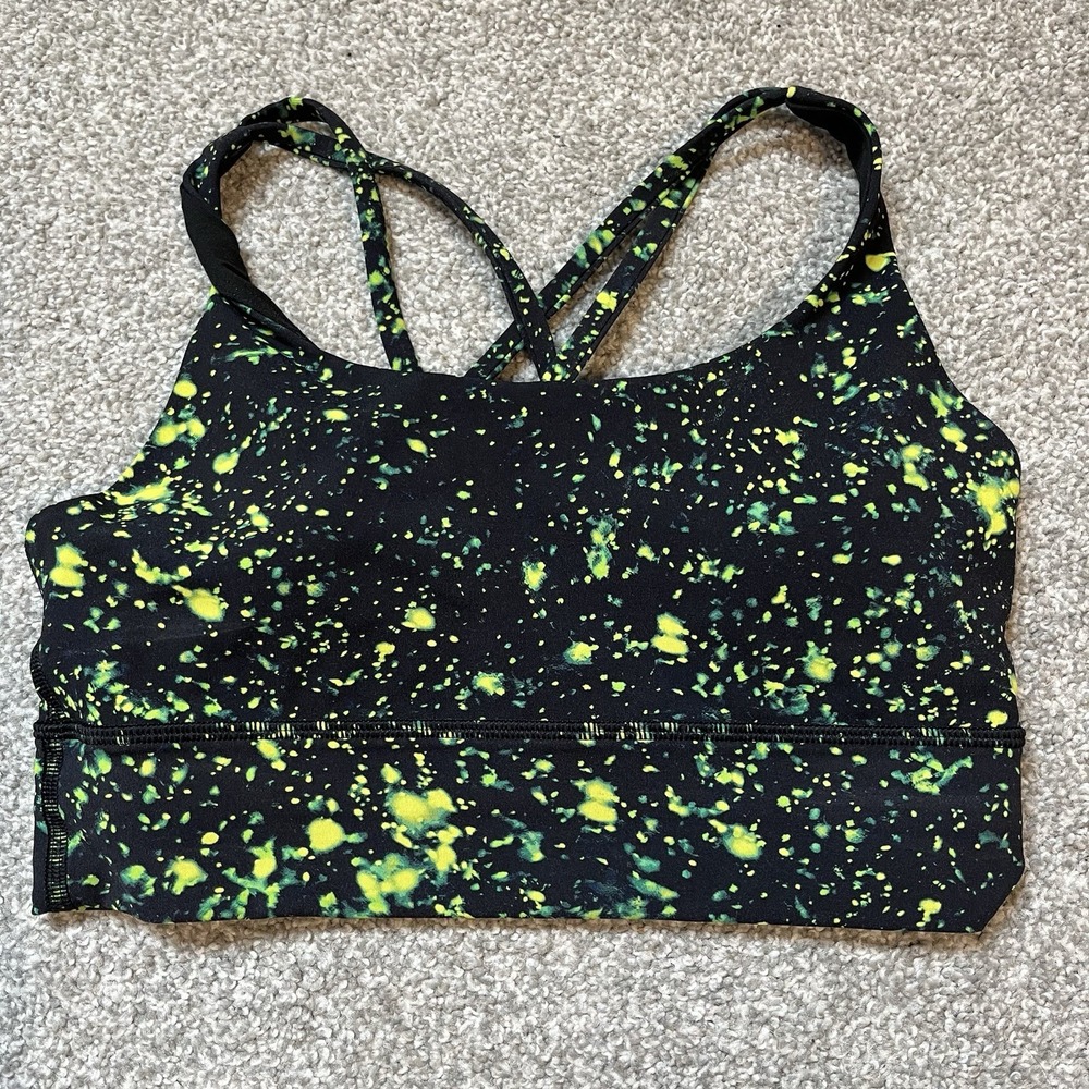 Women's Crossback Sports Bra Wireless Pullover Black Yellow Splatter Print 6